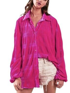 Bibi Velvet Hot Pink Fuschia Textured Smocked Button-Up Blouse Barbie Vibrant L